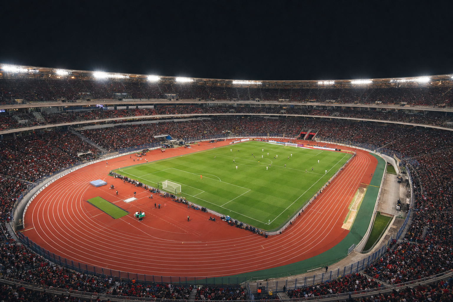 Stadium floodlights at night